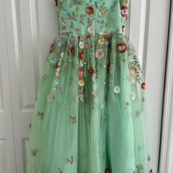 Mint Spaghetti Strap Evening Dress Flowers Appliques A-Line Tulle - Picture 9 of 9